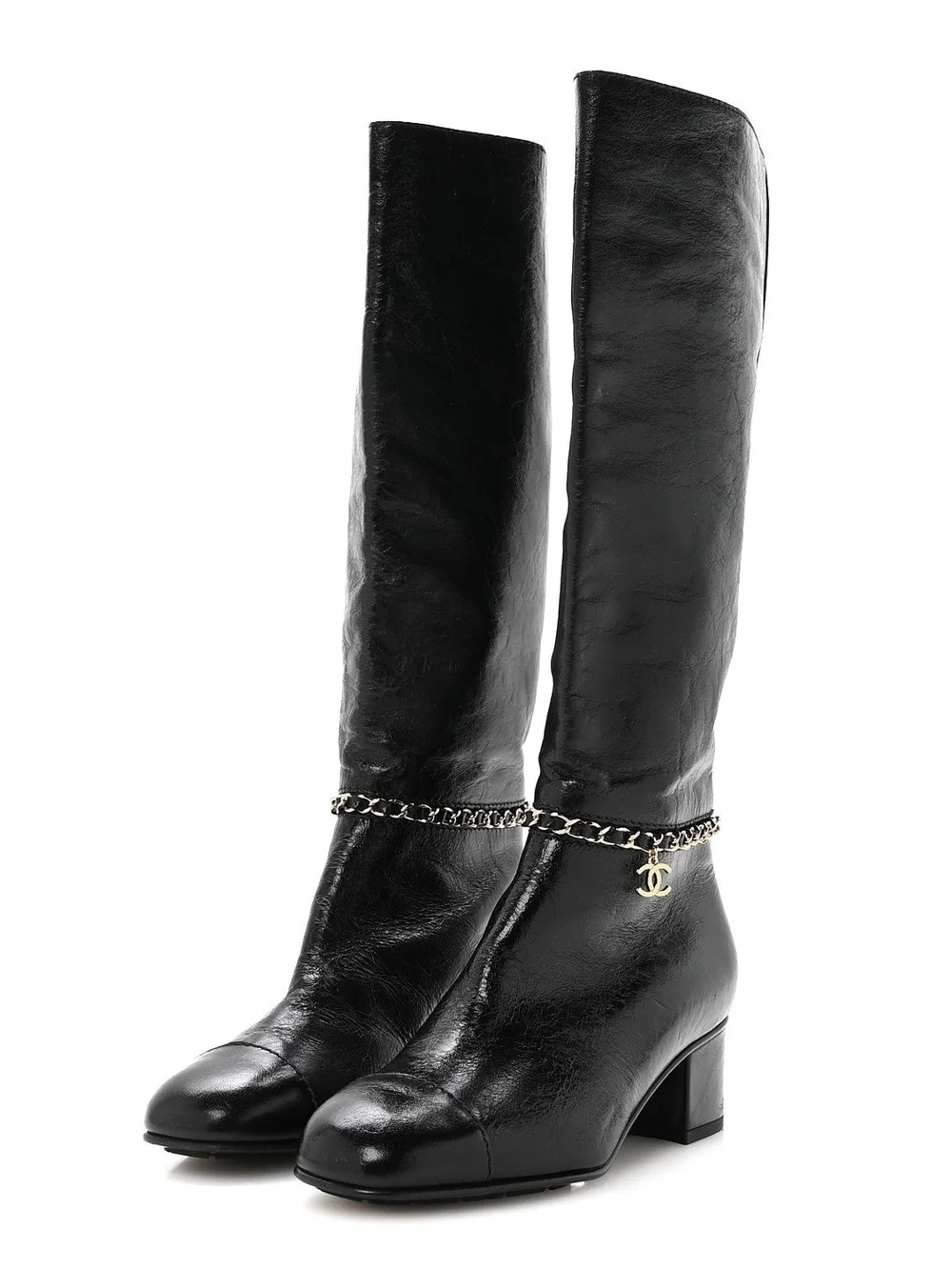 CHANEL Black Leather Knee Boots with Chain CC Charm